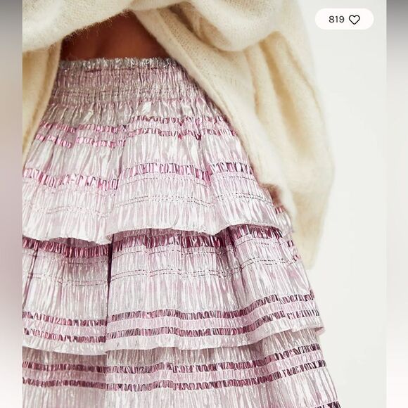 Love Shack Fancy Brynlee metallic tiered mini skirt Caribbean pink ruffles - Picture 4 of 15